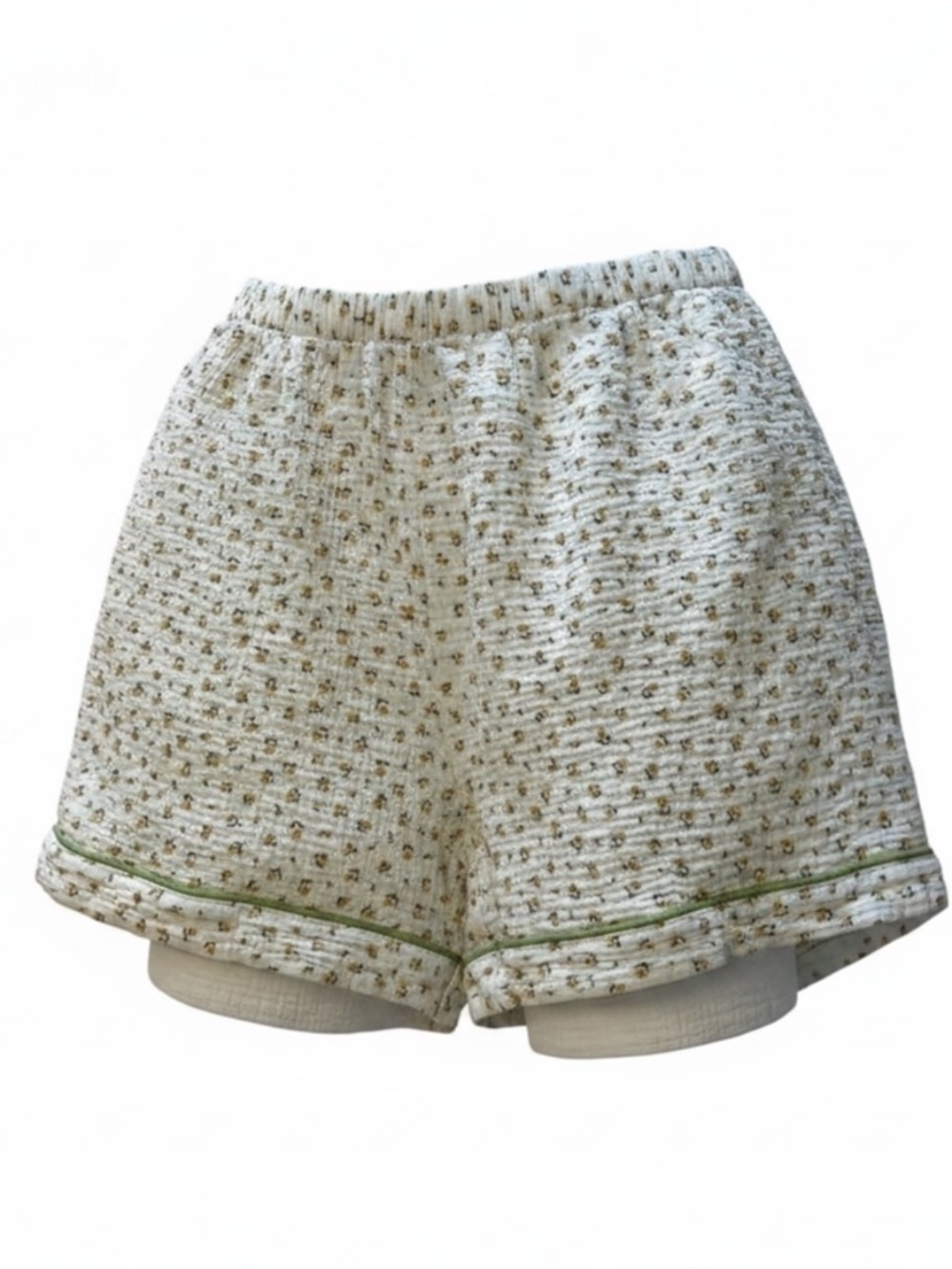 Women's Ditsy Floral Pointelle Cream Loungewear Shorts with Green Trim